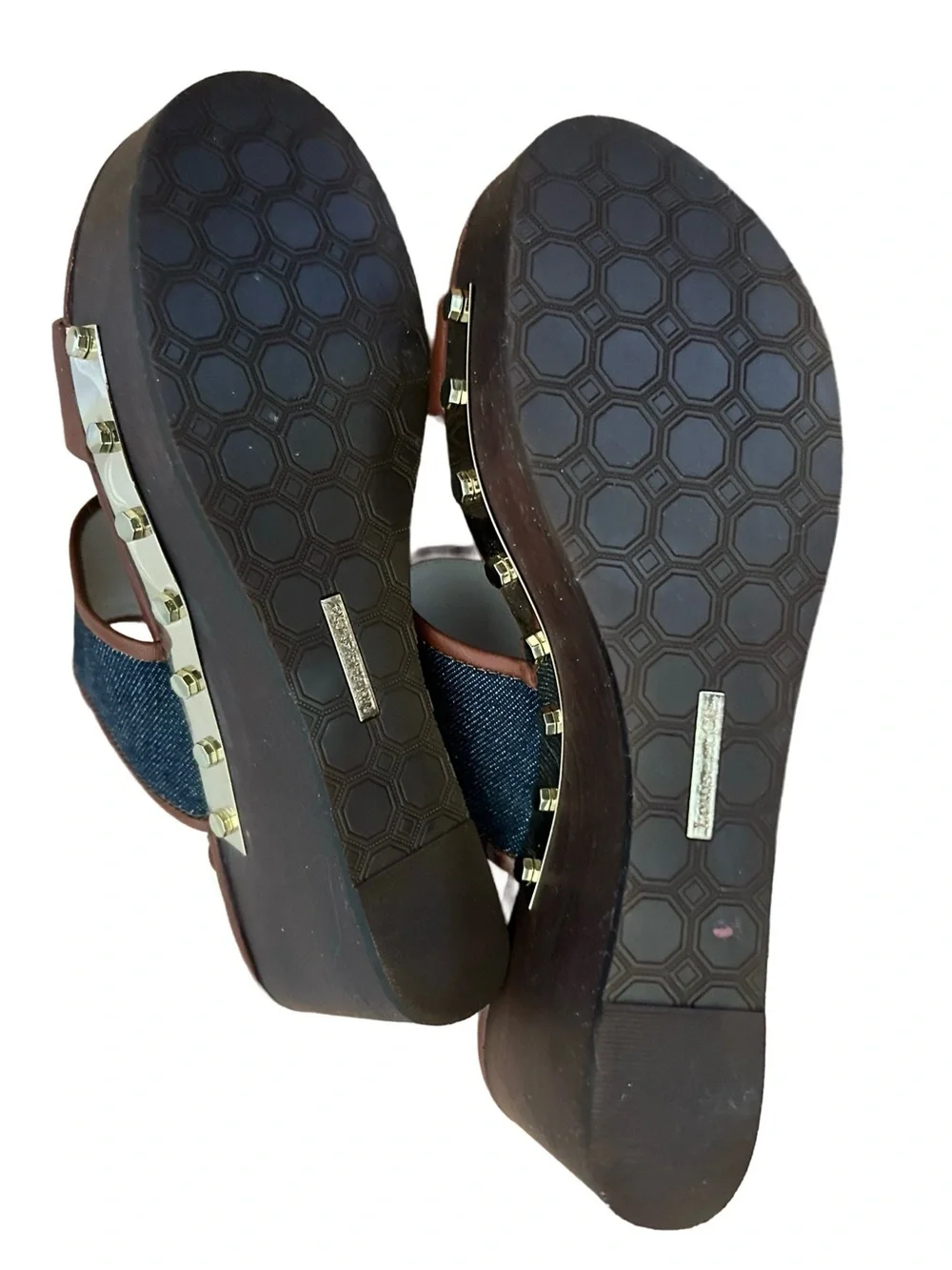 Brown Leather & Denim Platform Sandals with Gold Stud Trim. Size 8